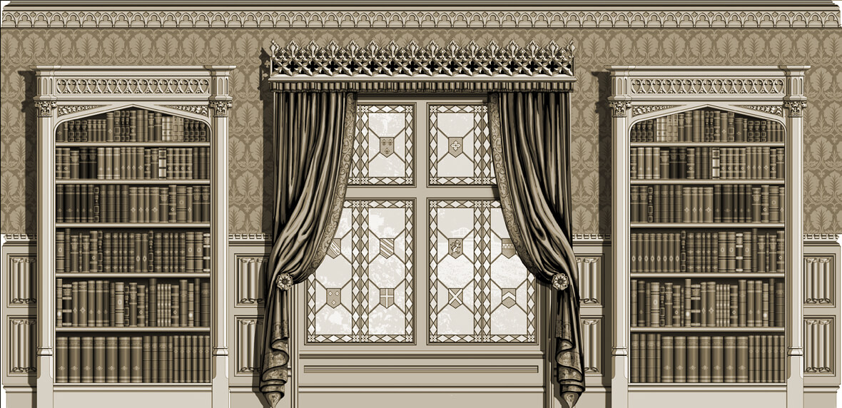 The hand-carved linenfold paneling and cornice wrap around the room. Bookcases decorated with capitals, tracery, and carved spandrels can be added to other parts of the room to form a Gothic-style library. A carved wooden stringcourse is added to the pelmet above the window.