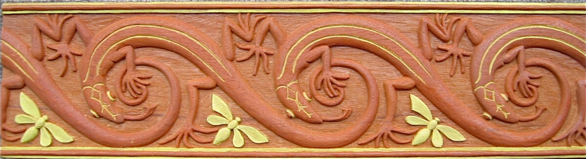 Lizard design by M.P. Verneuil. Hand-carved and painted by Agrell Architectural Carving.