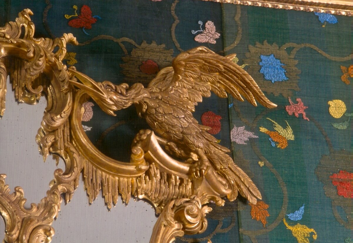 Detail of a Rococo-style ho-ho bird, hand-carved and gilded by Agrell Architectural Carving