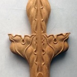 Gothic finial woodcarving for a modern Gothic-style bathroom. By Agrell Architectural Carving.