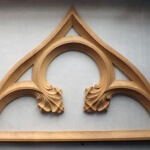 Gothic tracery woodcarving for a modern Gothic-style bathroom. By Agrell Architectural Carving.