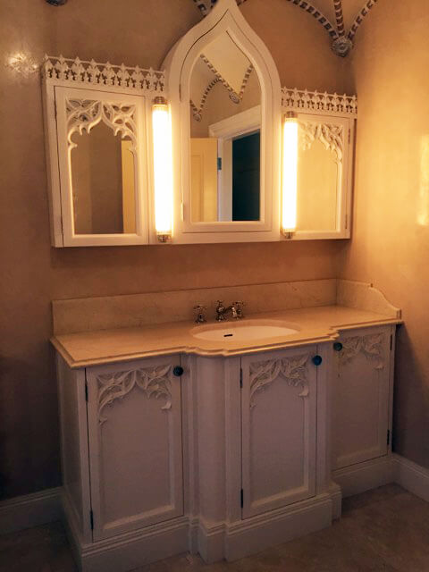 Gothic-style bathroom featuring woodcarvings by Agrell Architectural Carving