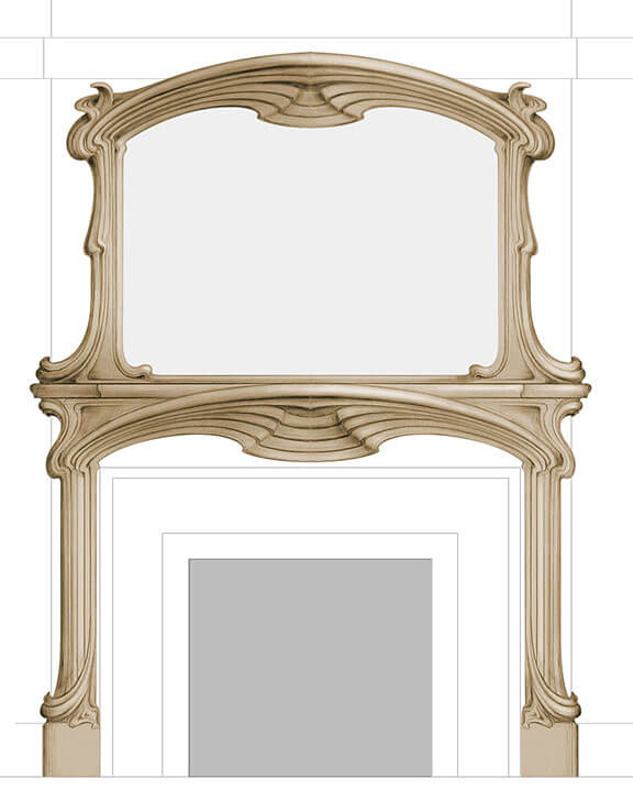 Design for an Art Nouveau-style fire surround and overmantle